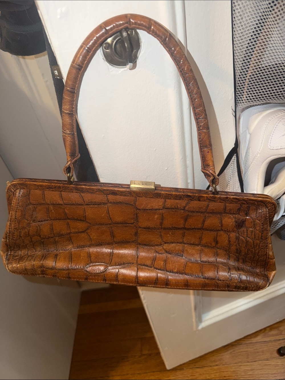 Nicole Miller Croc-Embossed Brown Leather Top-Handle Clutch